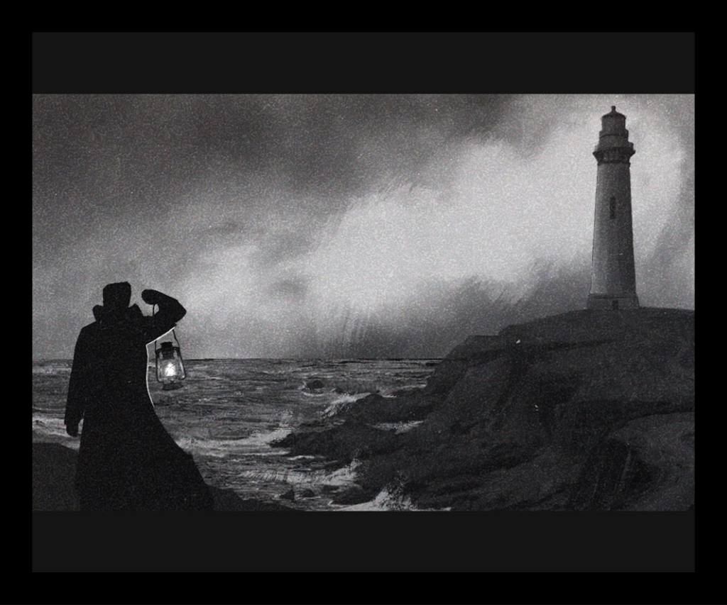 A man holding up a lantern, in the distance, a lighthouse.